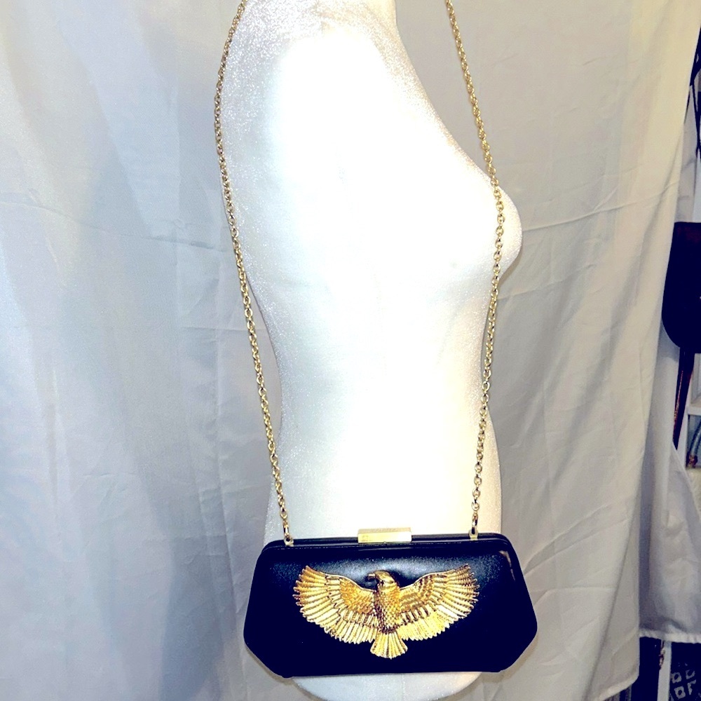 🦅NWOT Patrick Shannon🦅Black Leather🦅Gold Eagle Crossbopdy/ Clutch Purse🦅 - Picture 6 of 13